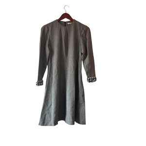 Stanley Platos Vintage Beaded Cuff A like Mod Career Wool Dress Grey Long Sleeve